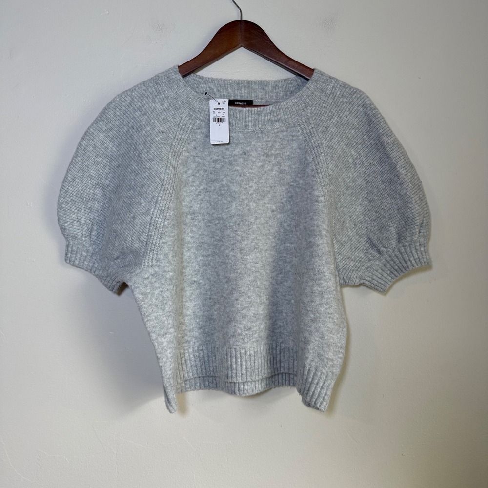 NWT Express Puff Sleeve Cropped Heather Grey Knit Sweater Size Large Grey